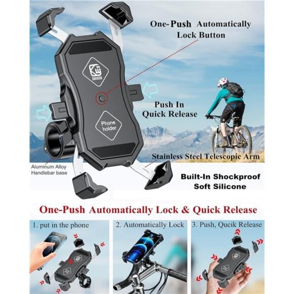 Motorcycle Phone Mount, Bike Phone Holder, with Aluminum Alloy Handlebar - Picture 2 of 7